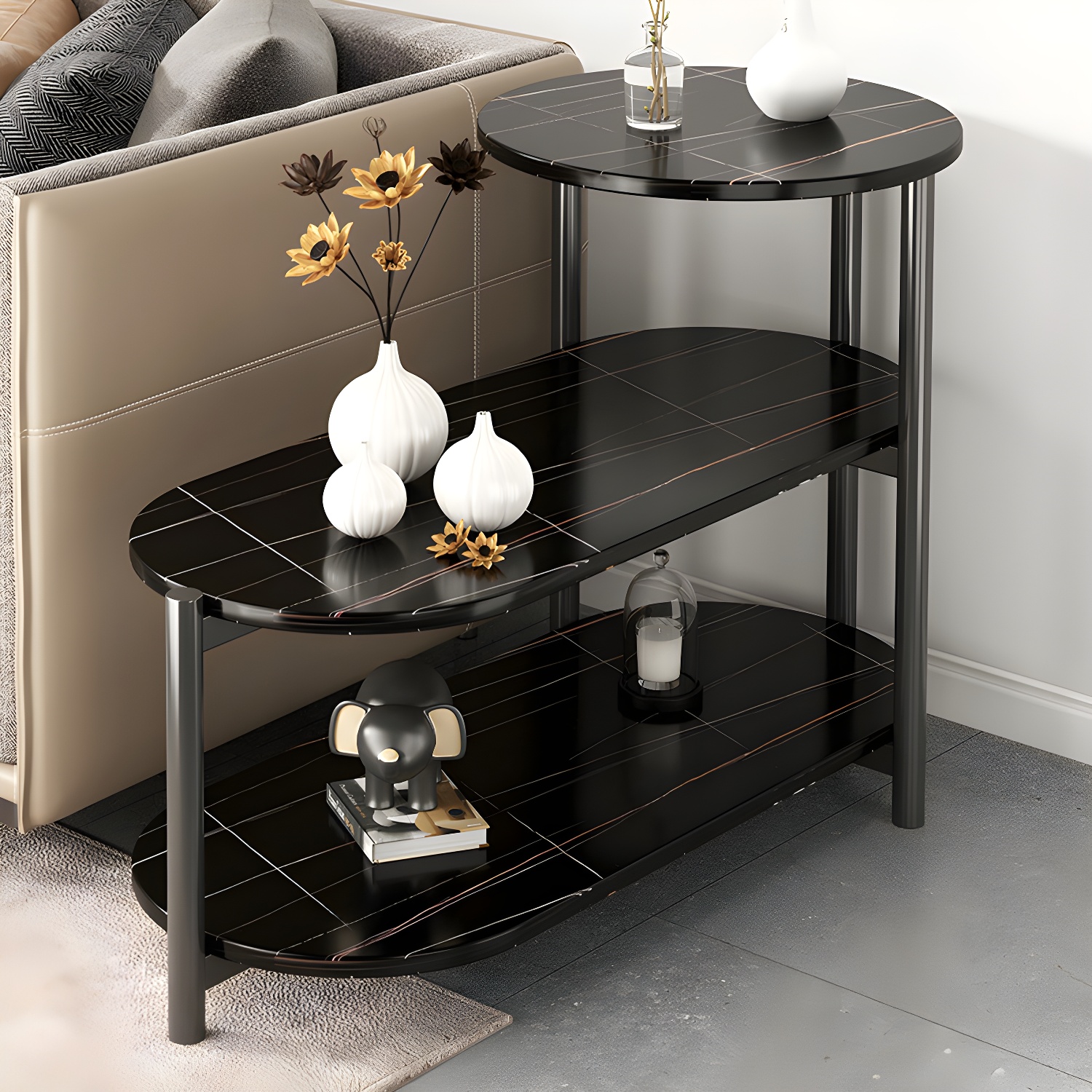Modern Oval Wood Side Table with Iron Four Leg Base and Storage Included