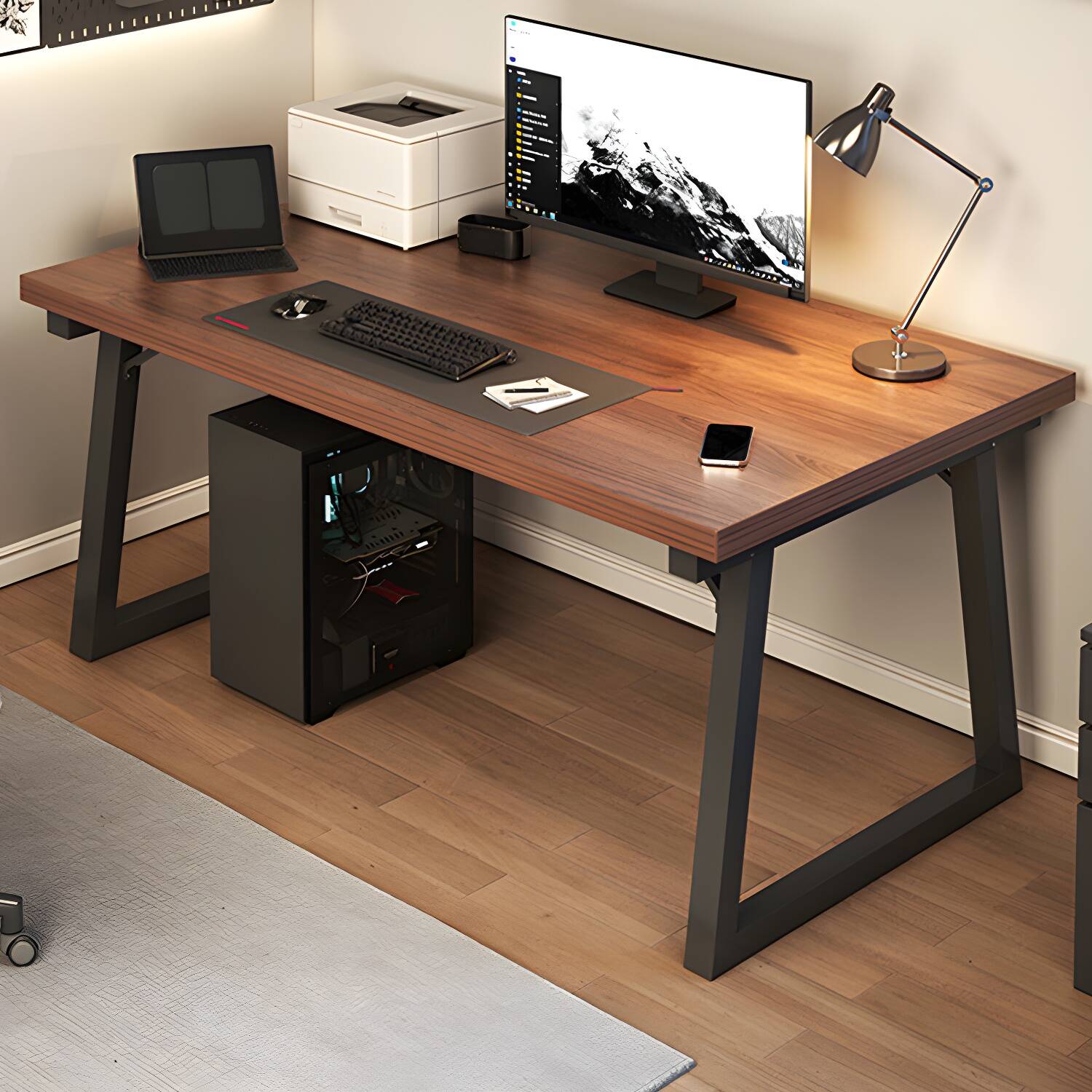 Stylish Modern Office Desk with Wood Top and Steel Sled Base