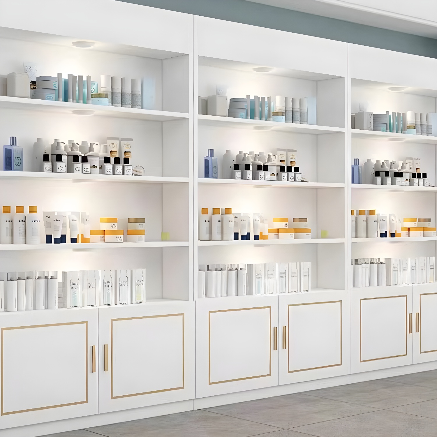 Modern White Wood Display Stand with Glass Doors and Cabinet Included