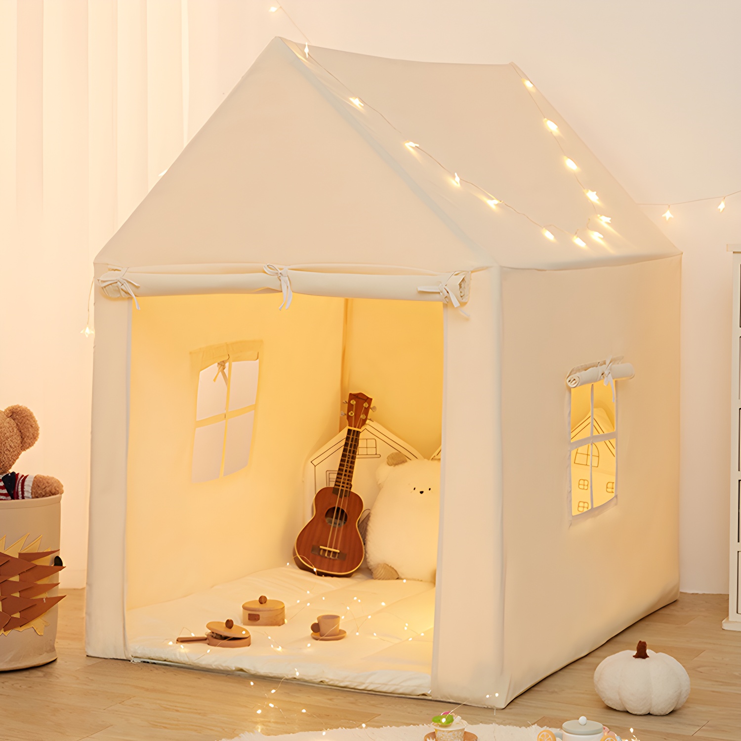 Princess-themed White Square Play Tent with Lights and Windows - Perfect for Indoor Play