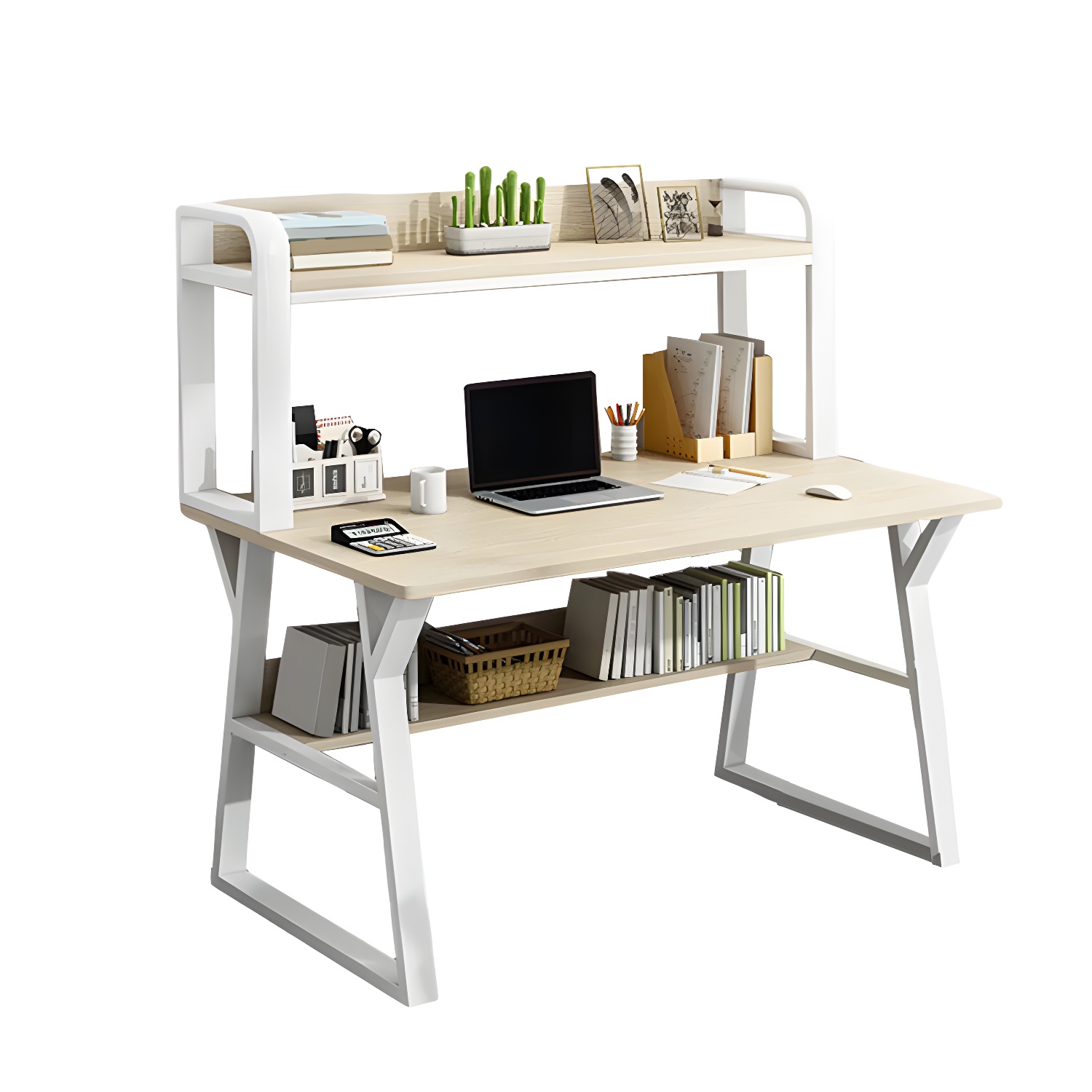 Modern White Wood Desk with 3 Exterior Shelves and Bookcase for Home Office