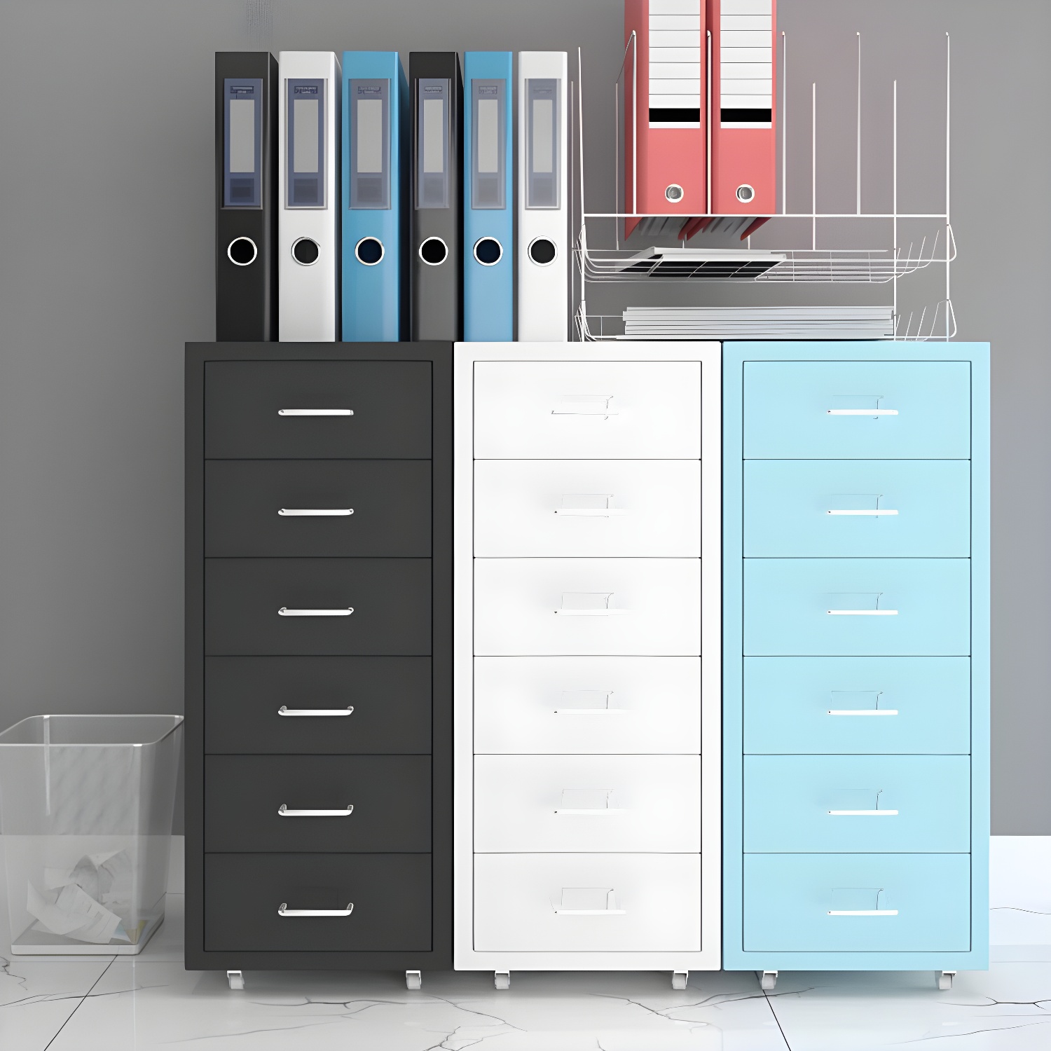 Compact Steel Filing Cabinet with Soft Close Drawers & Casters