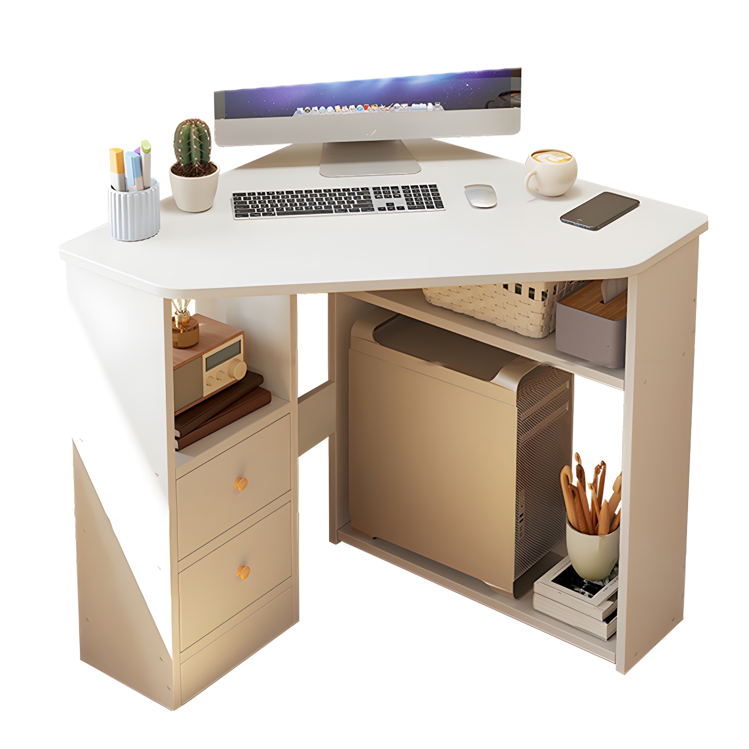 Modish Corner Computer Desk with Wood Pedestal Base and 3 Exterior Shelving for Office Use
