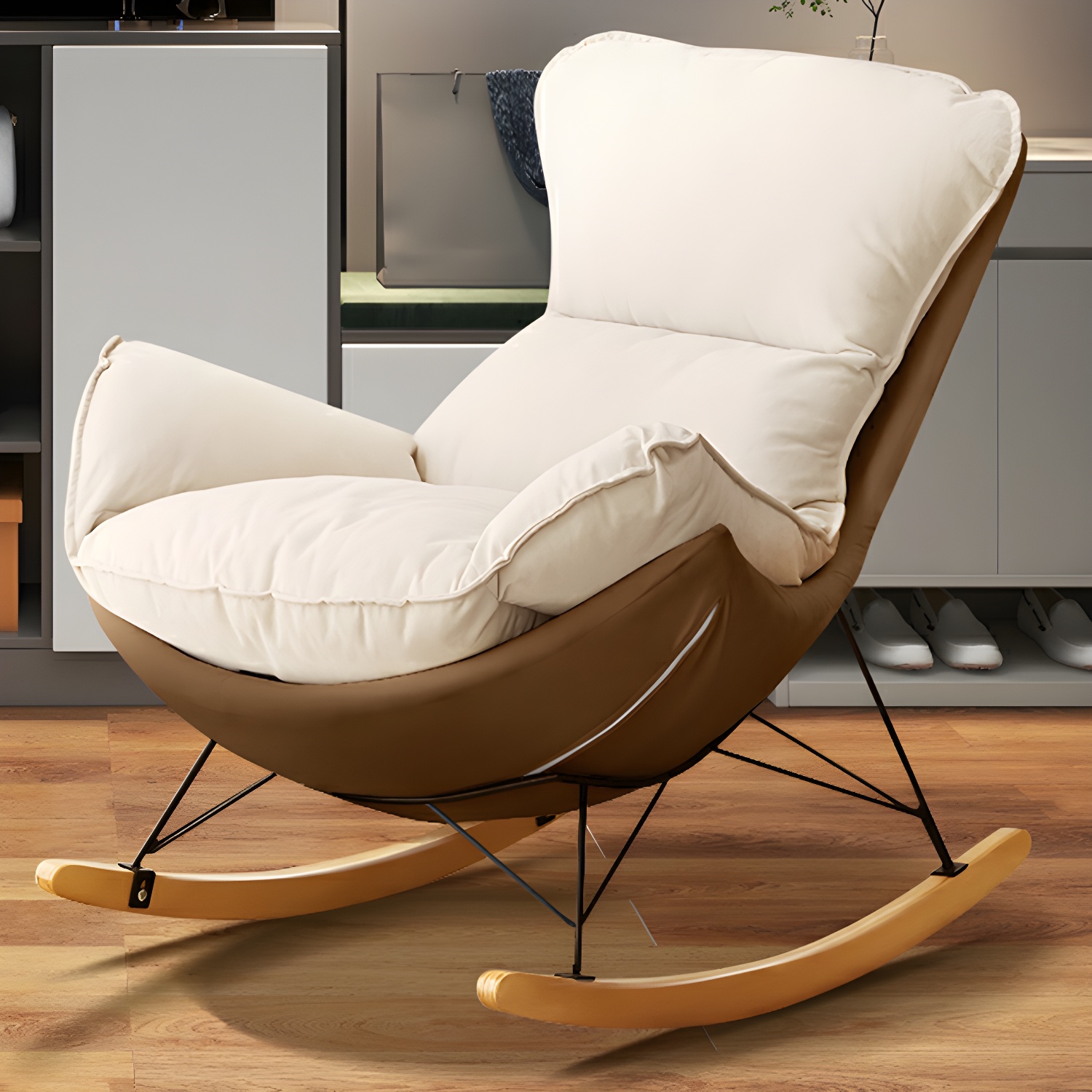 Stylish and Comfortable Modern Rocking Chair with Upholstered Seat in Natural Wood Finish