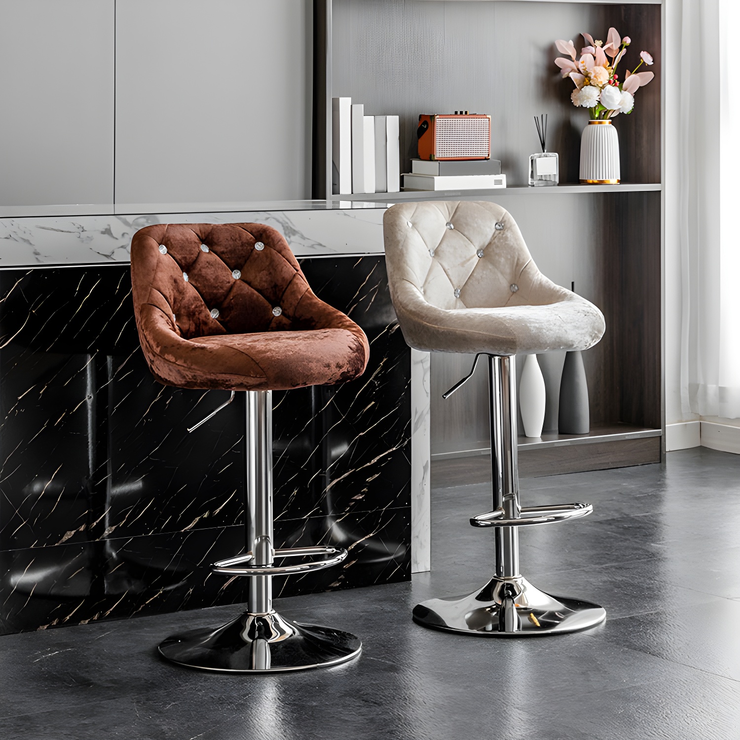 Elegant Velvet Swivel Bucket Bar Stool that Combines Modern Style and Adjustable Height