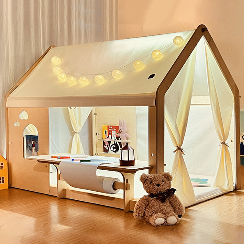 Princess-themed Square Wood Play Tent with Lights included for Indoor Use