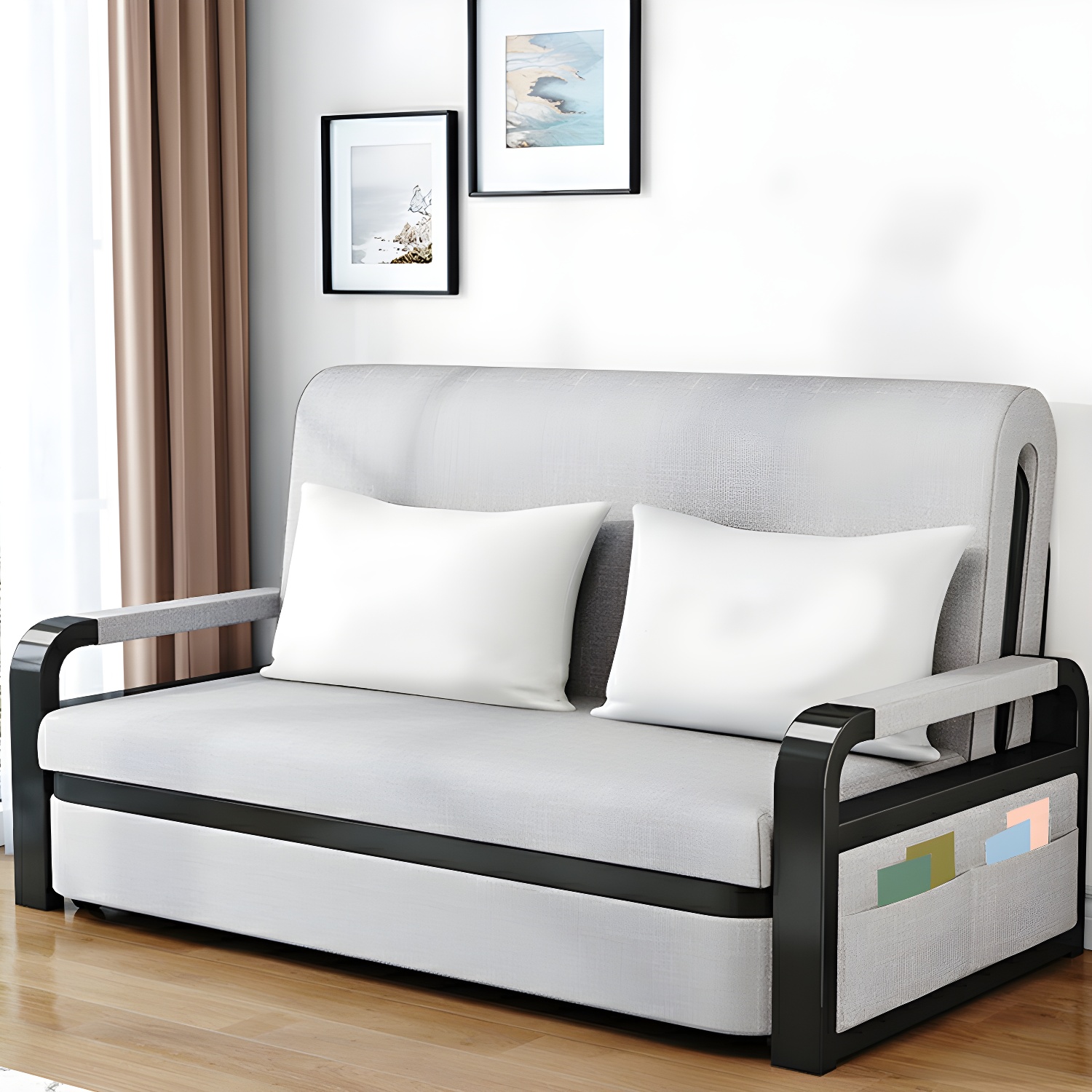 Modern Grey Cotton Sleeper Sofa with Arms and Square Arm Design