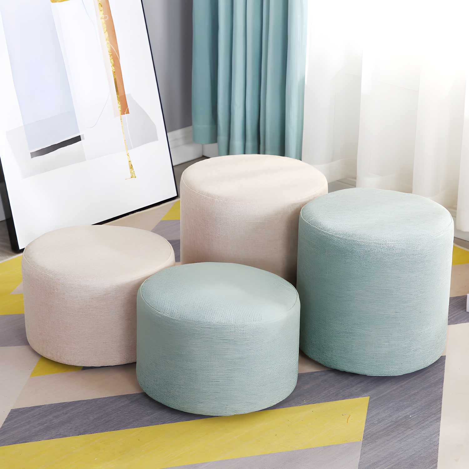Modern Round Pouf Ottoman in Cotton Blend Upholstery with Wood Frame