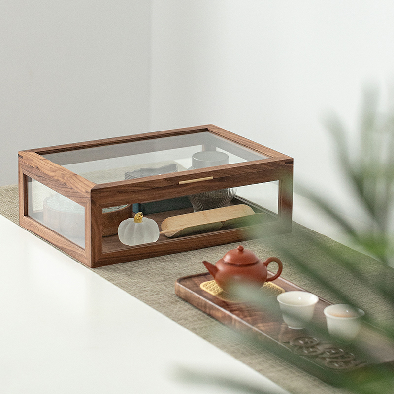Modern Simple Style Walnut Wood Display Stand with Glass Doors