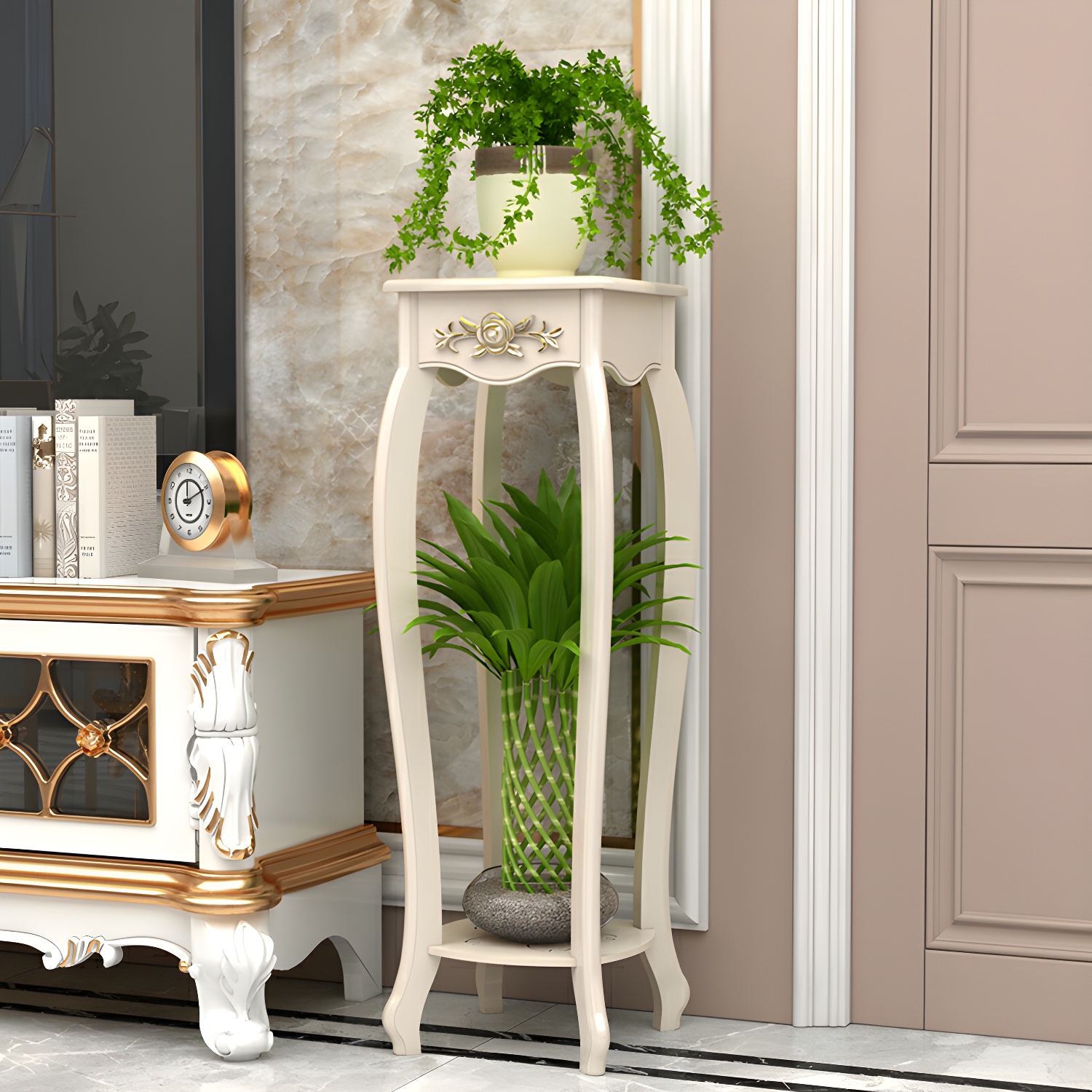 Multifunctional Wood Square Plant Table with 2-Tier Shelving