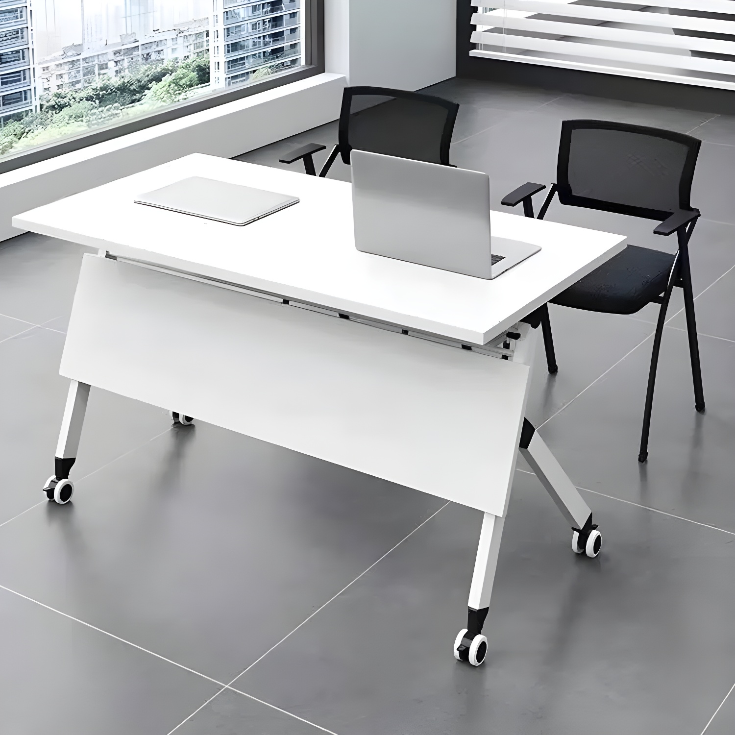 Modern White Writing Office Desk - Foldable with Steel Trestle Base