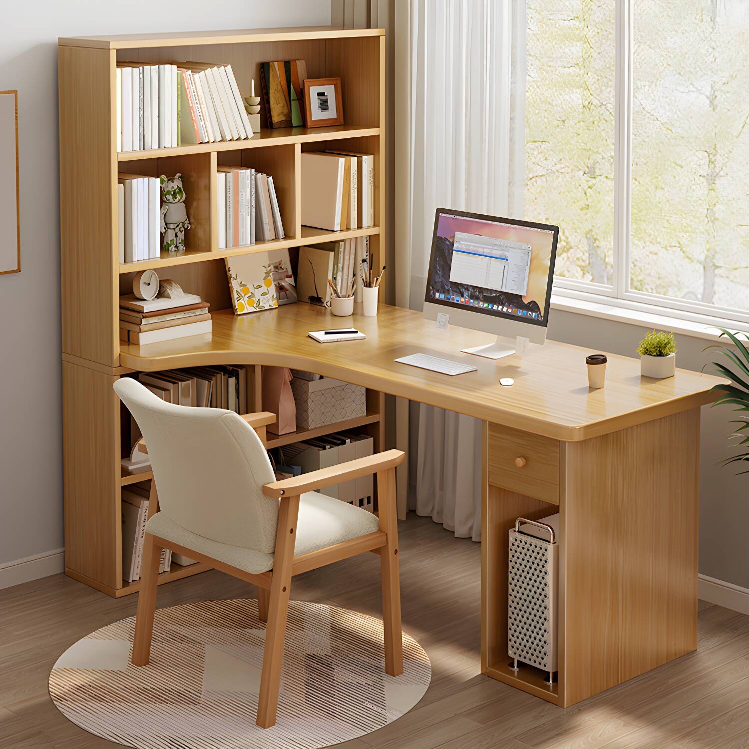 Modern Wood Credenza Desk with Bookcase and Hutch for Home Office