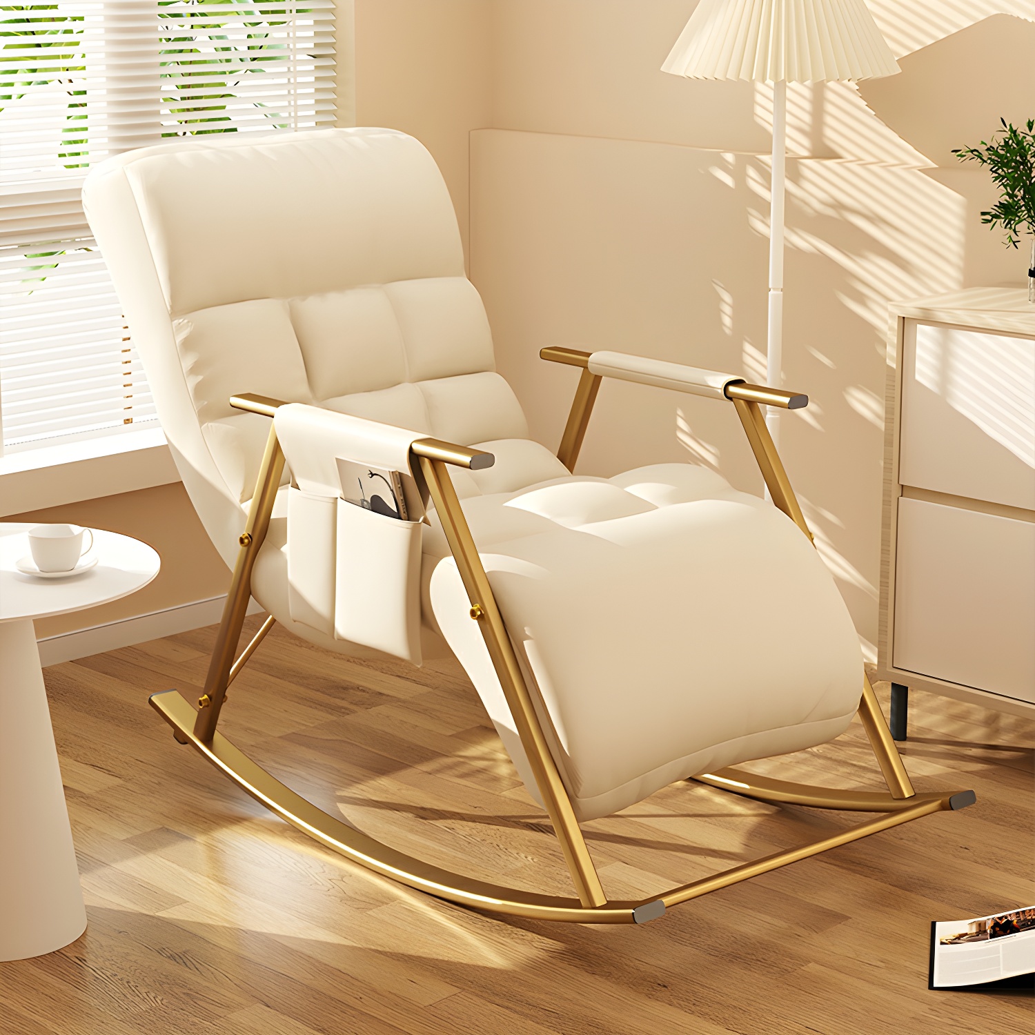 Contemporary Upholstery Rocking Chair with Sleek Metal Legs and Tufted Design