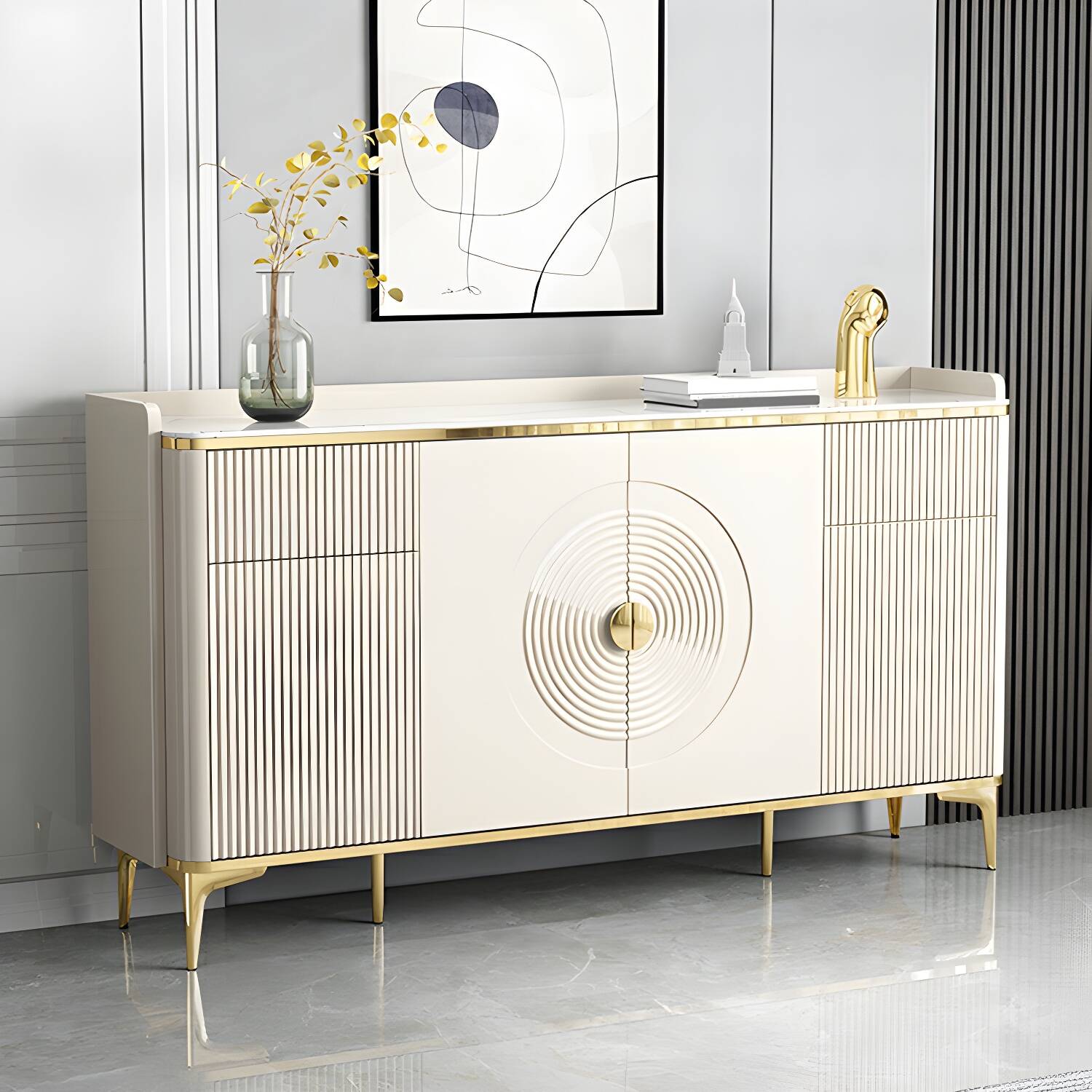 Elegant Glamorous White Wood Sideboard Credenza with Stone Countertop and Cabinets