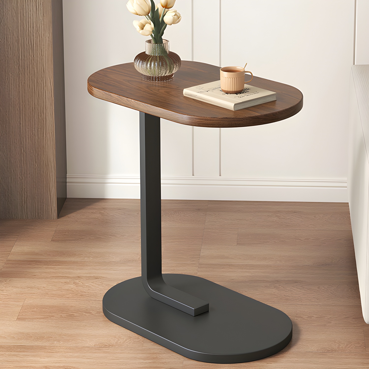 Modern Wood C-Table Set - Stylish Free Form Design with Metal Base