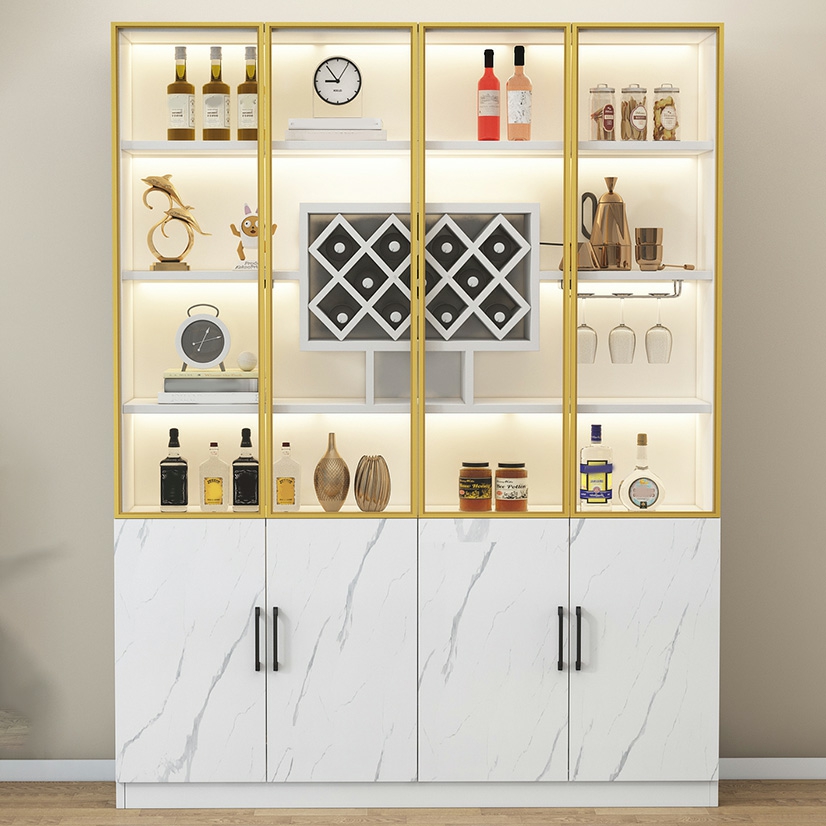 Wood China Cabinet with 6 Shelves, Glass Doors & Integrated Wine Storage