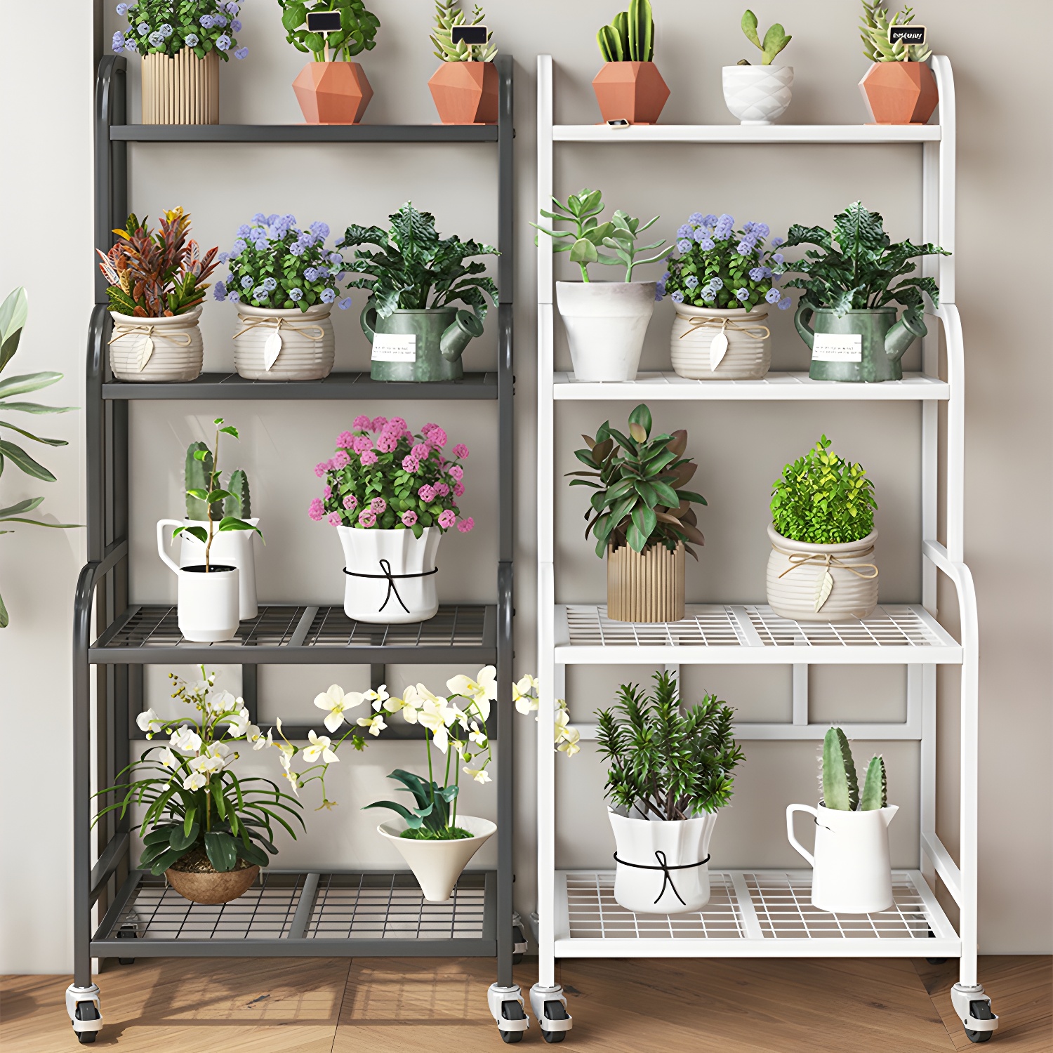 Metal Rectangle Multi-Tiered Plant Stand with Shelves, Wheels, and Legs