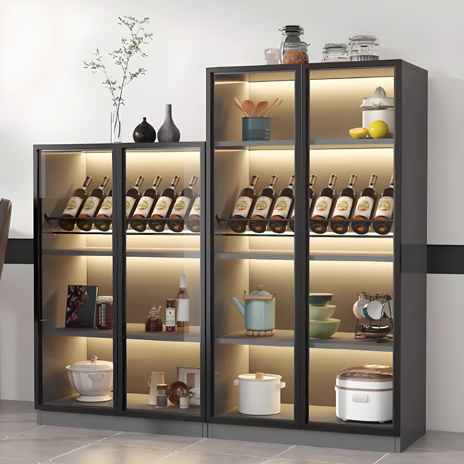 Elegant Wood Display Stand with Wine Storage and Glass Doors