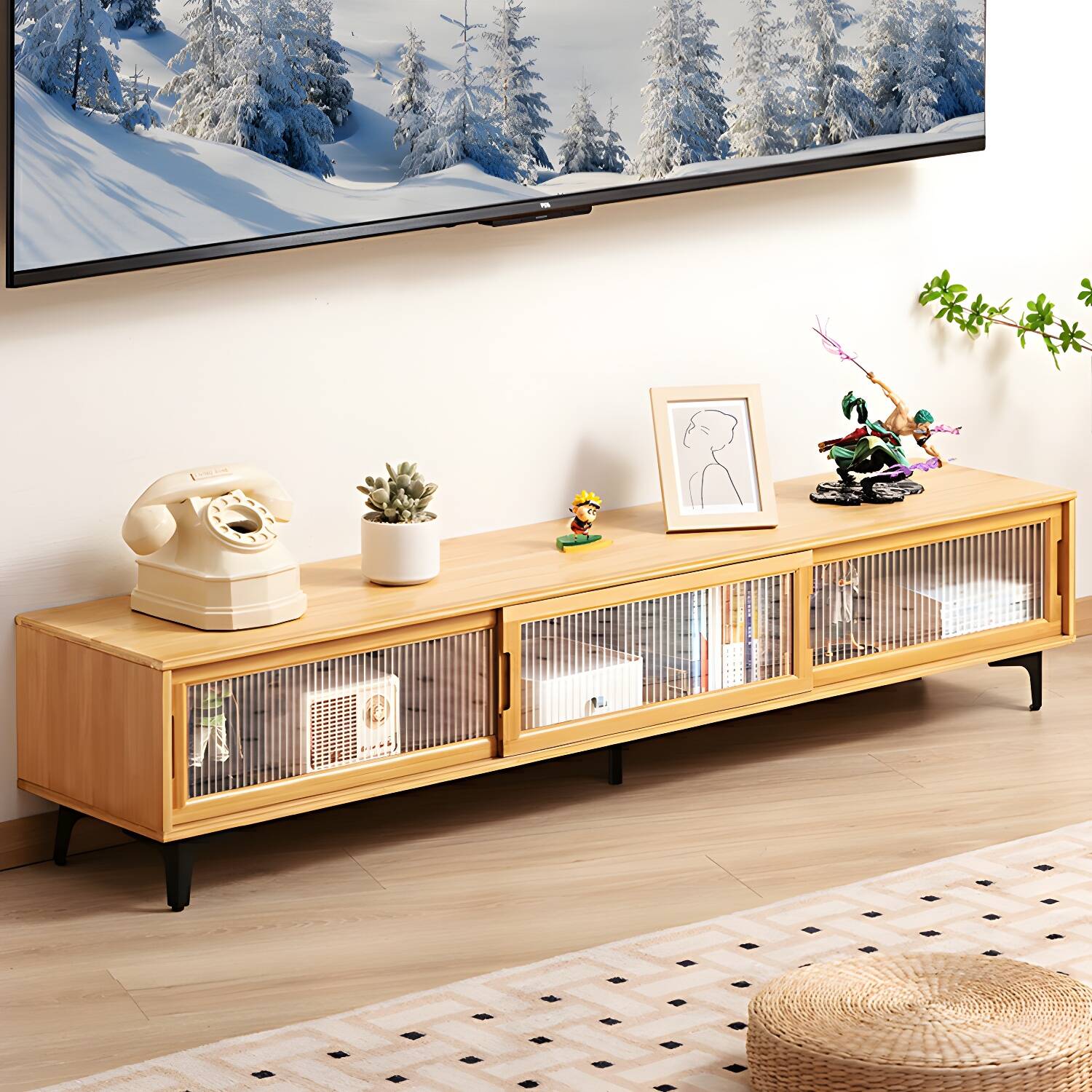 Bamboo TV Stand with Glass Doors and Black Legs in a Casual Style