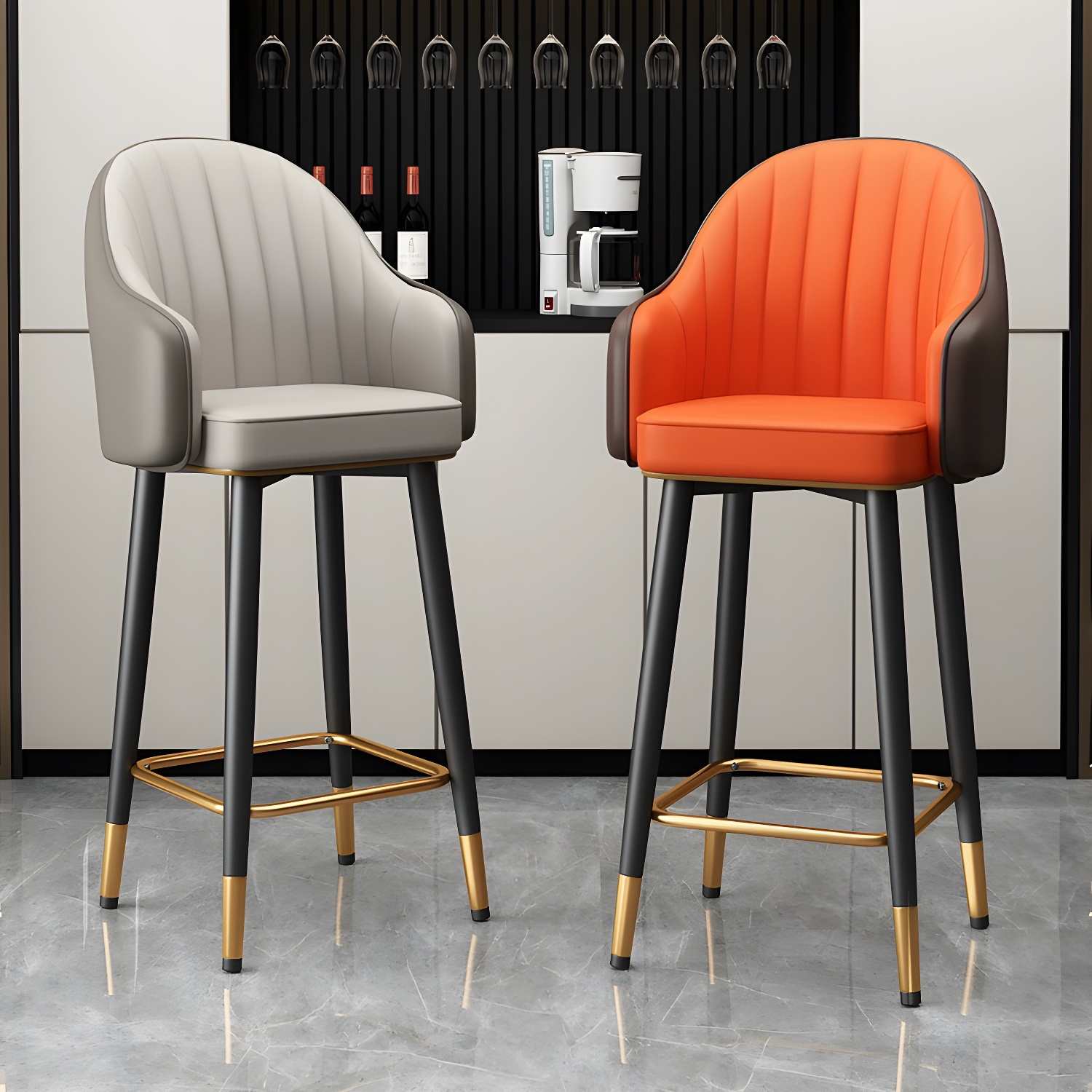 Glam Leather Rectangle Bar Stool with Low Back and Four Legs