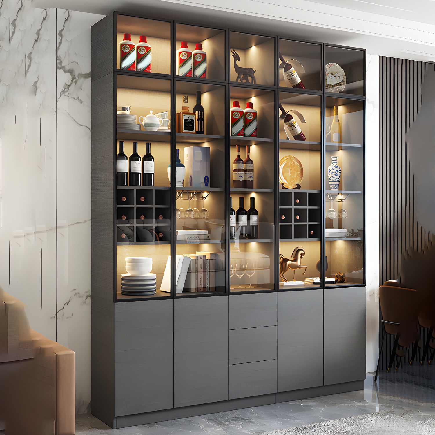 Glamorous Wood Display Stand with Glass Doors, Shelves, and Storage