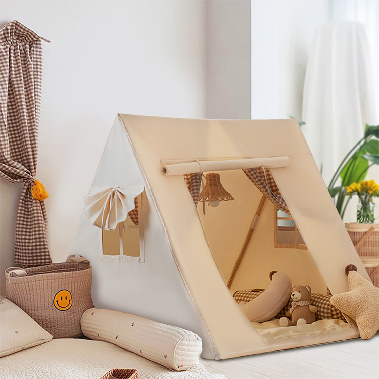 White Foldable Triangle Shape Fabric Play Tent with Windows and Tent Poles for Indoor Play
