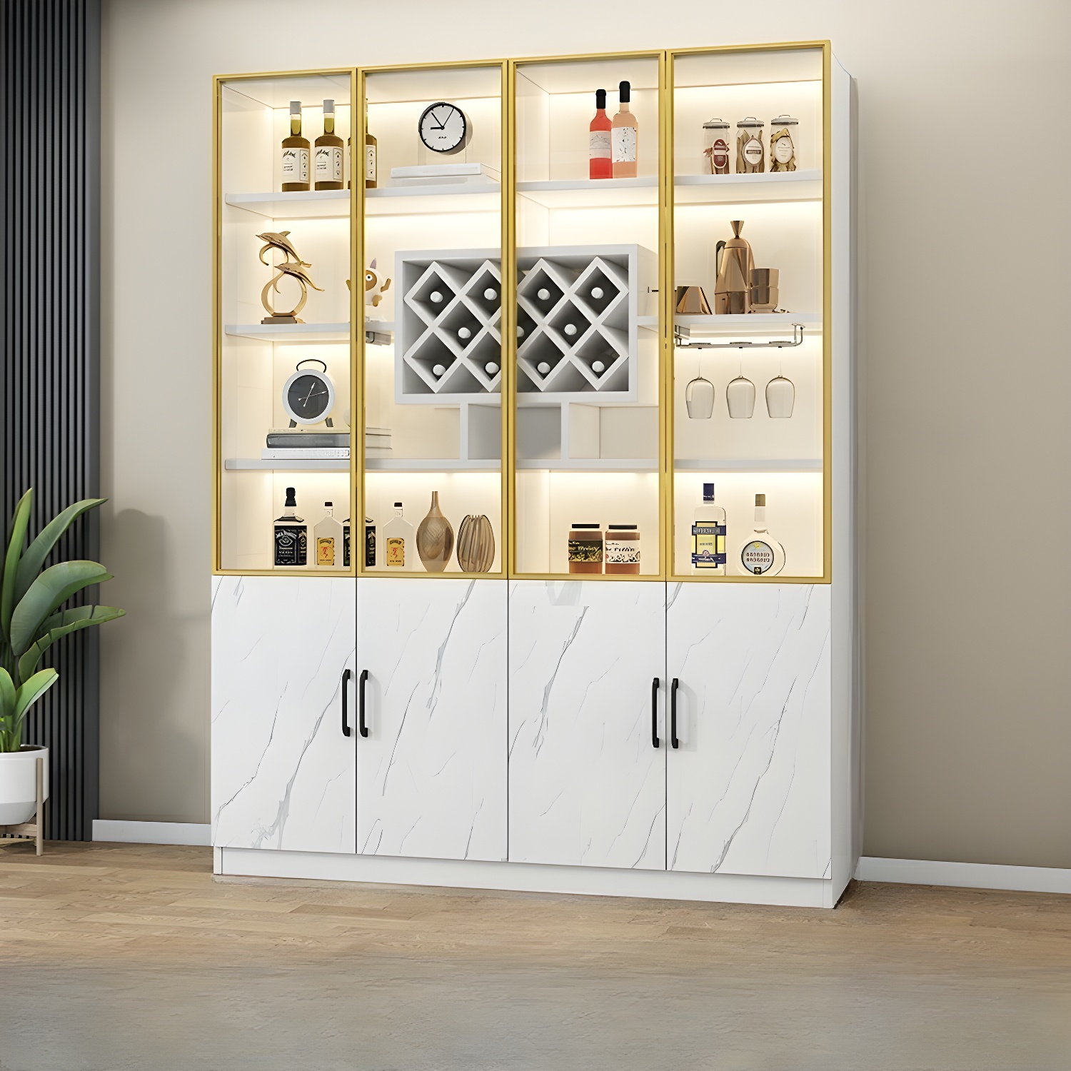 Glamorous Wine Storage Display Stand with Wood Shelves and Glass Doors