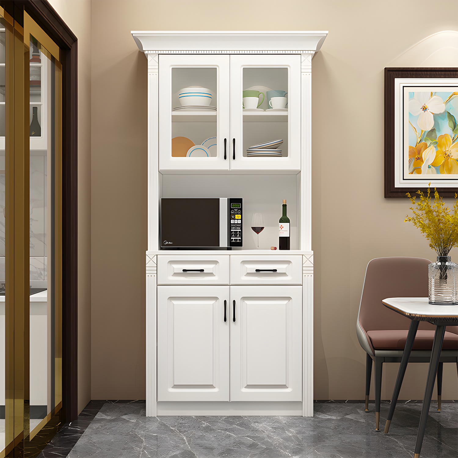 Modern Wood Dining Hutch with Glass Doors & Open Storage- Display Cabinets