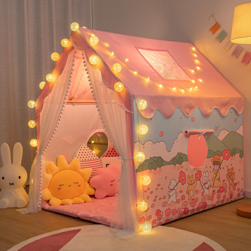 Cottage-themed Foldable Play Tent with Windows and Skylight for Indoor Playtime