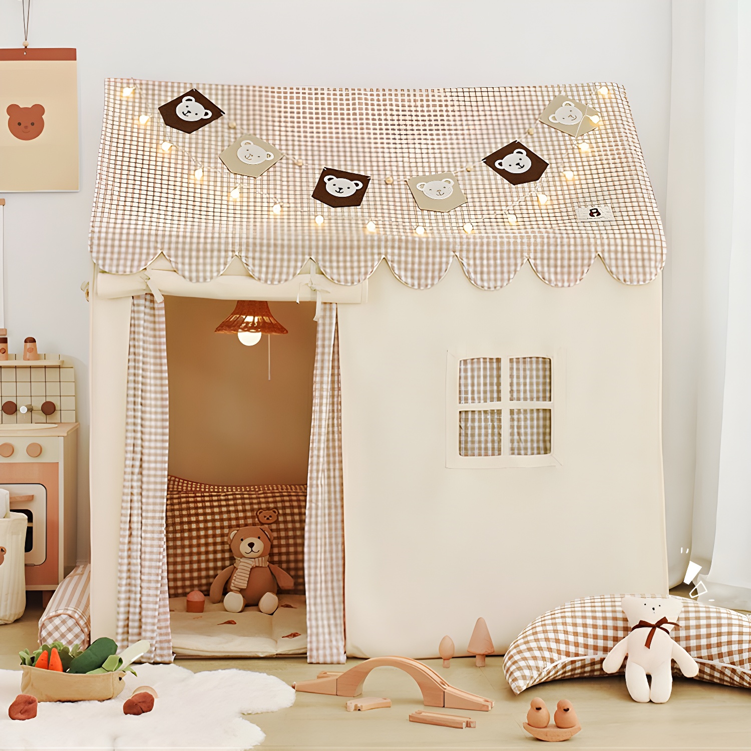 Square Cottage-style Play Tent with Windows and Lights for Indoor Play