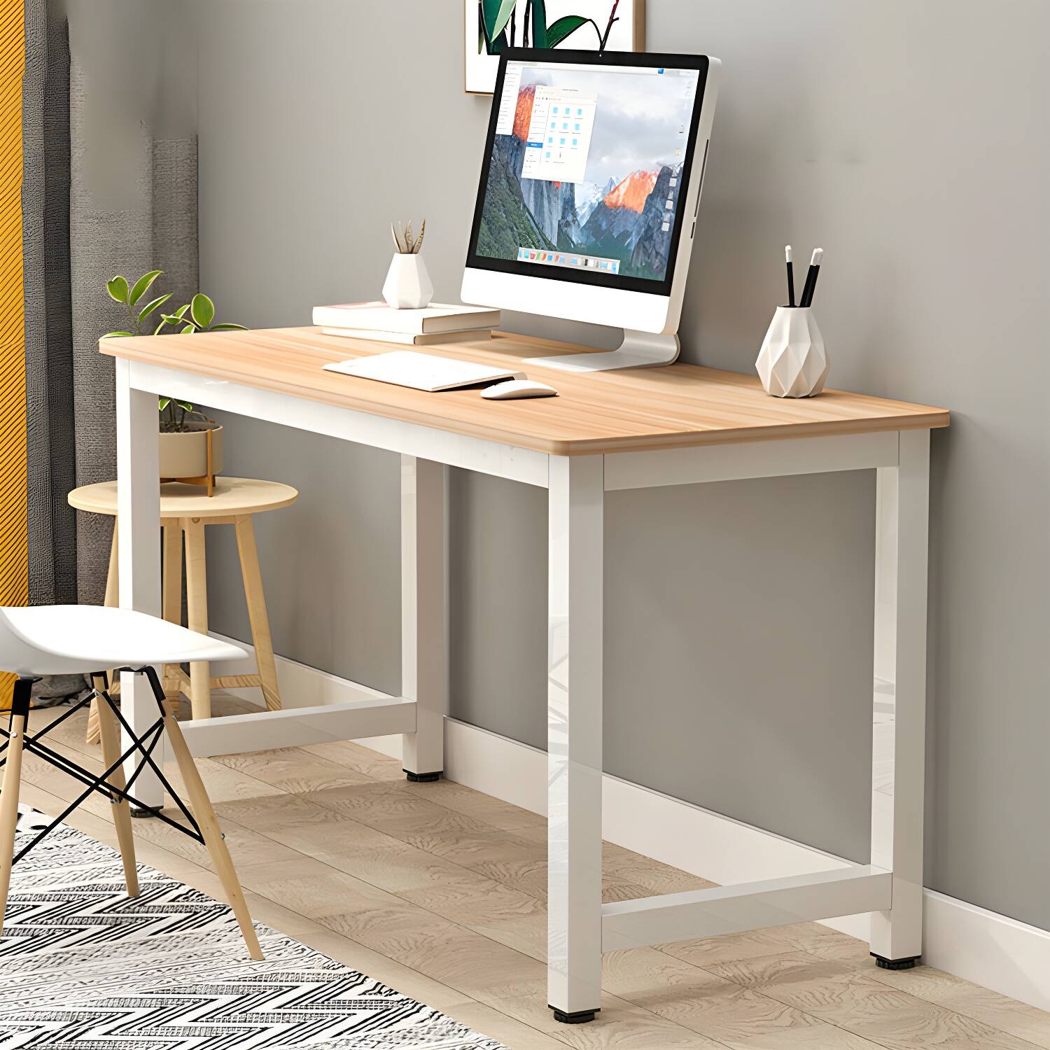Modern White Writing Desk with H-Shape Base and 60cm x 74cm Non-Foldable Wood Top