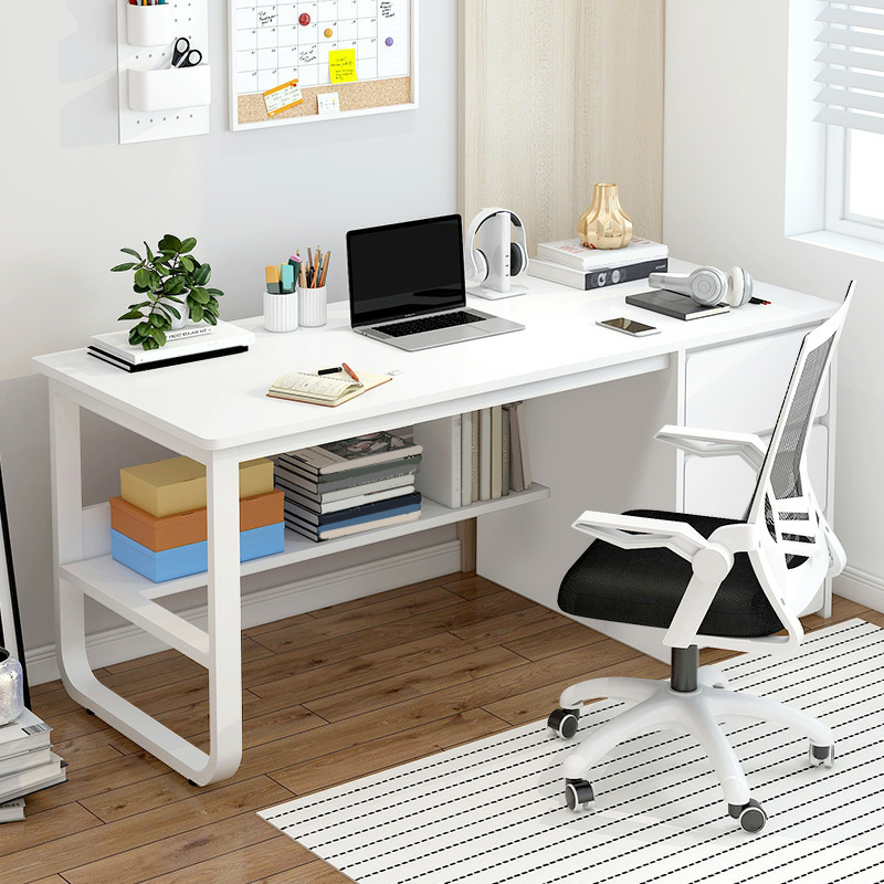 Modern White Writing Desk with 3 Drawers and Exterior Shelving