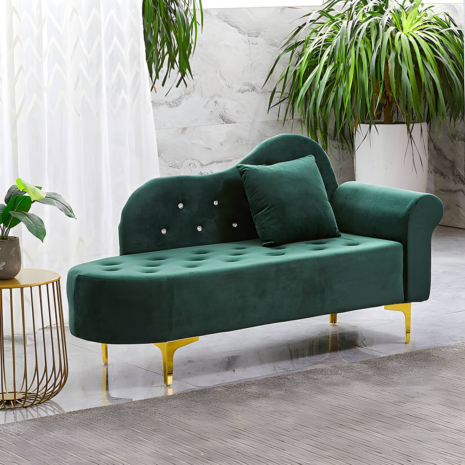 Stylish Scandinavian Chaise Lounge with Tufted Cushions and Wooden Frame