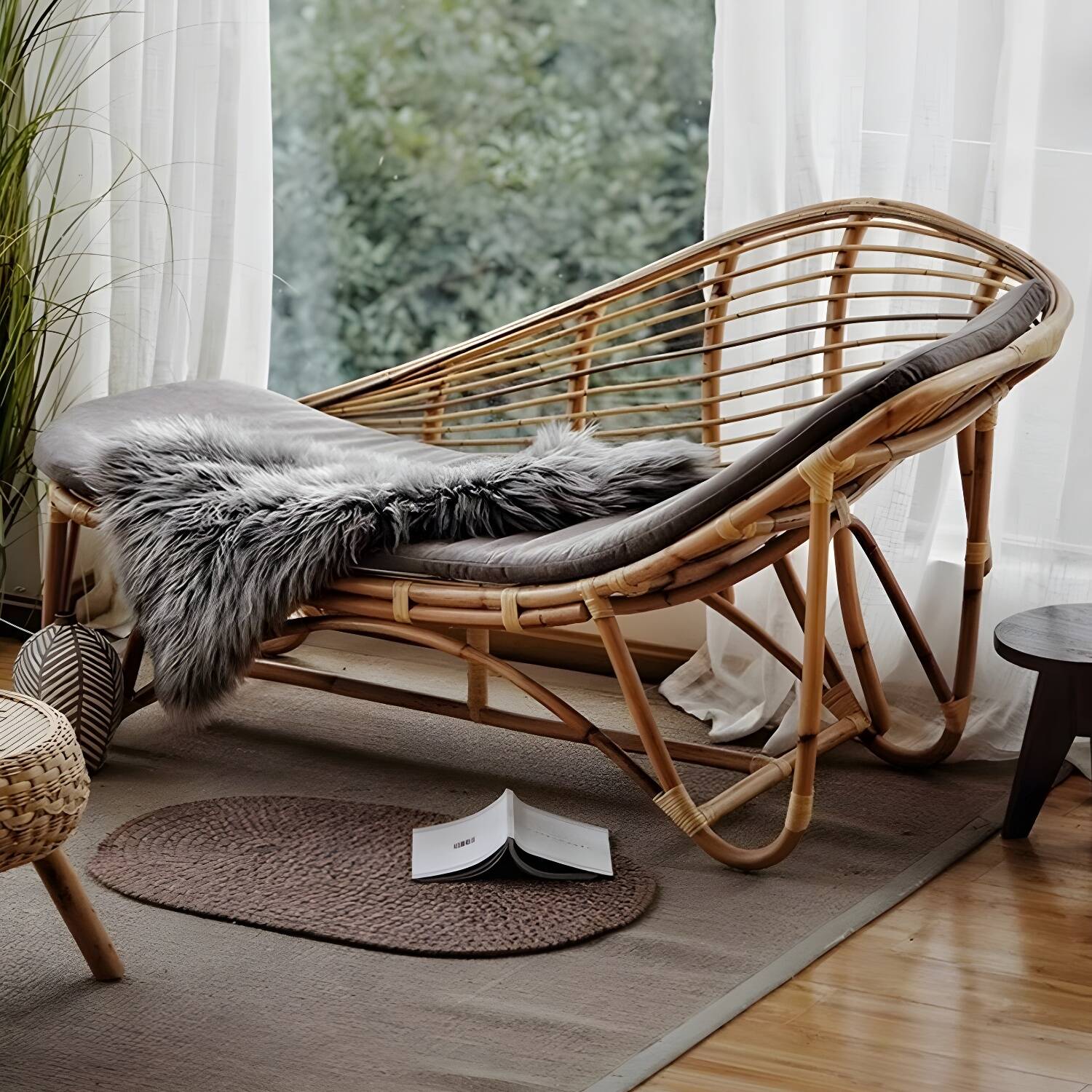 Scandinavian Style Wicker Chaise Lounge with Tuxedo Arm and Removable Cushion Cover Included