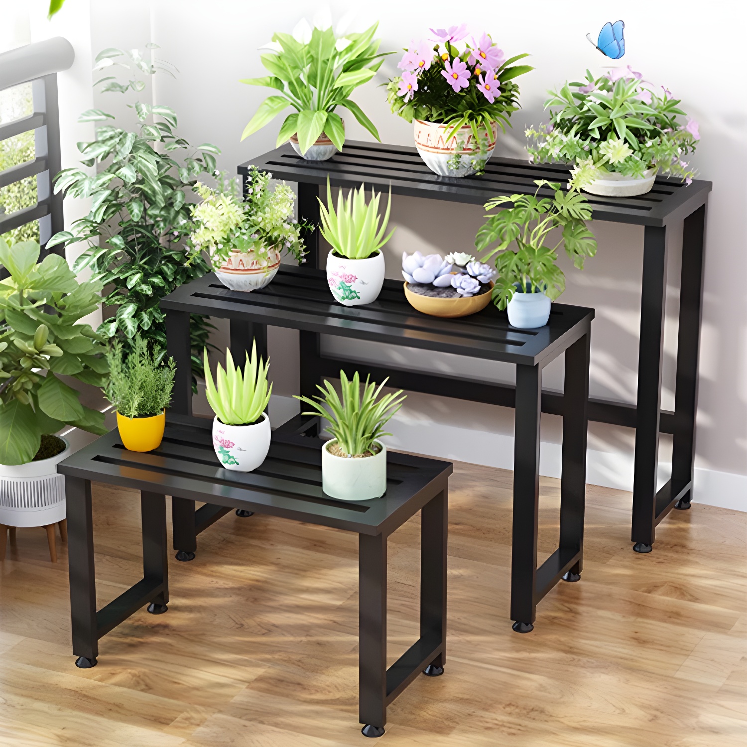Black Metal Rectangular Plant Stand with Legs, Water-Resistant, Ready for Full Assembly