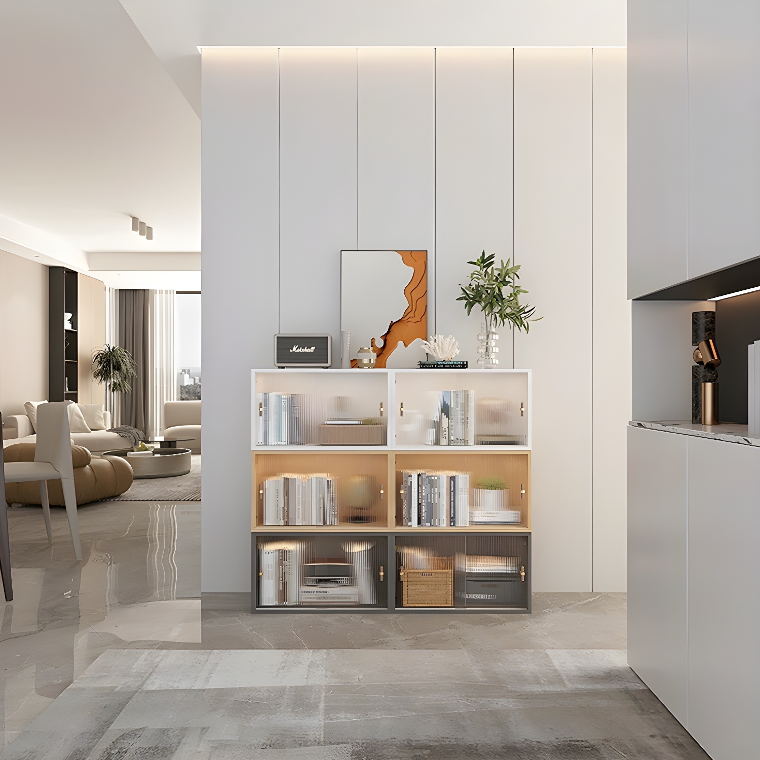 Modern Display Stand with Sliding Glass Doors & Cabinet Included