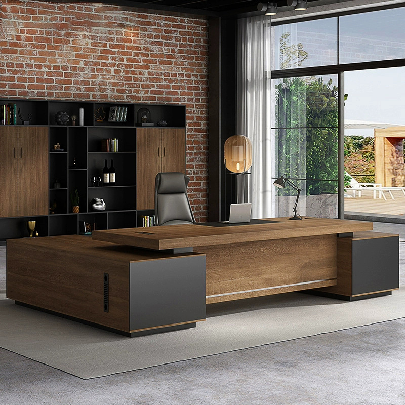 Modern L-Shaped Executive Desk with Pedestal Base and Cable Management in Brown