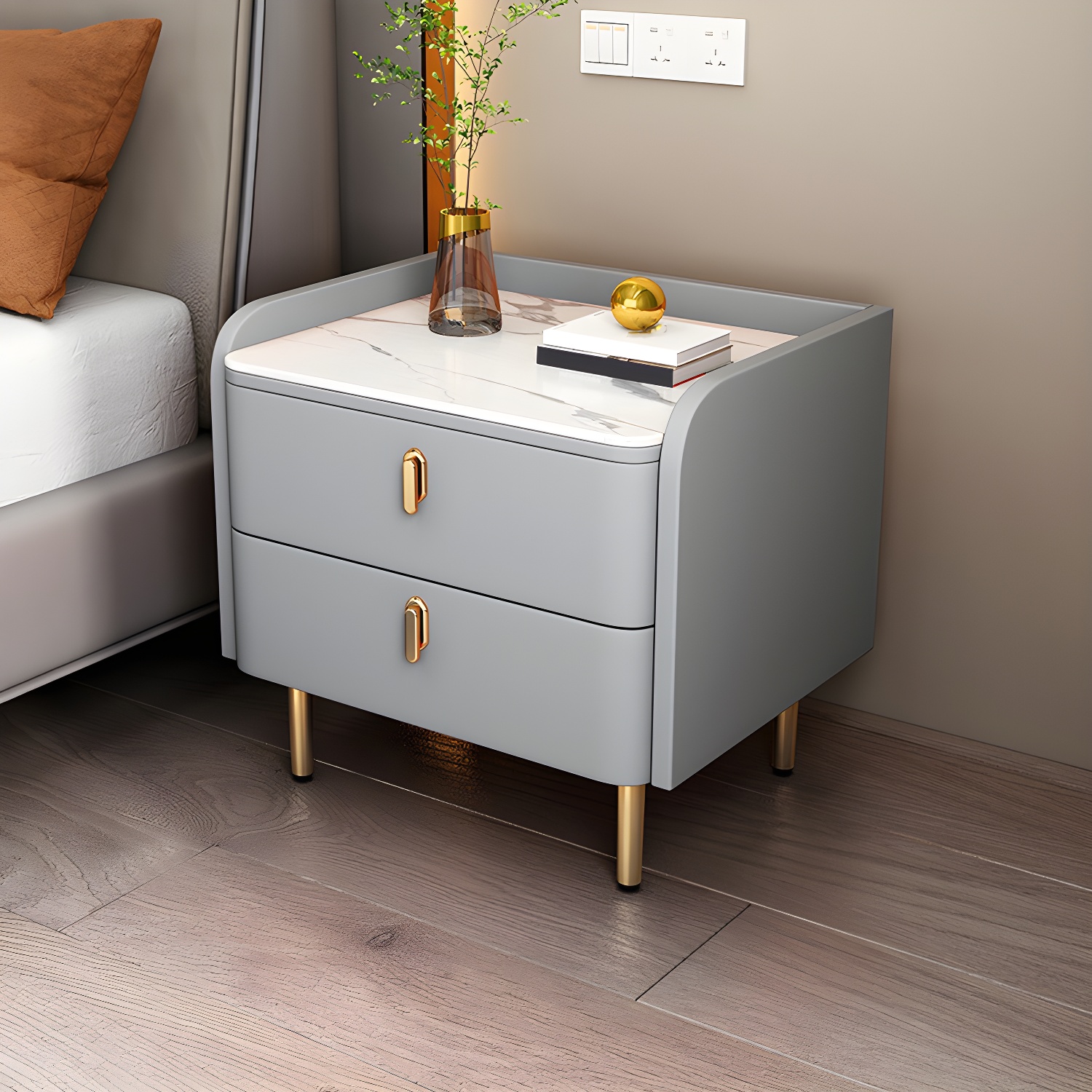 Modern Style Pine Wood Drawer Storage Nightstand with Stone Countertop in Small Size