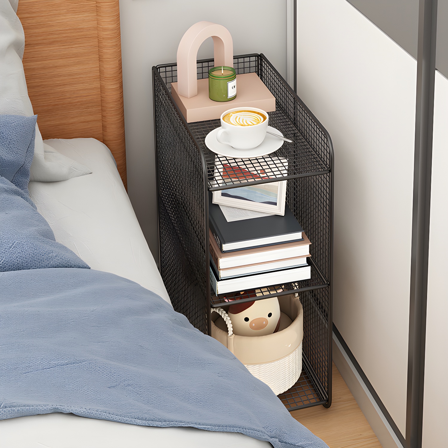 Modern Style Metal Nightstand with Open Storage, 3 Shelves and Compact Design
