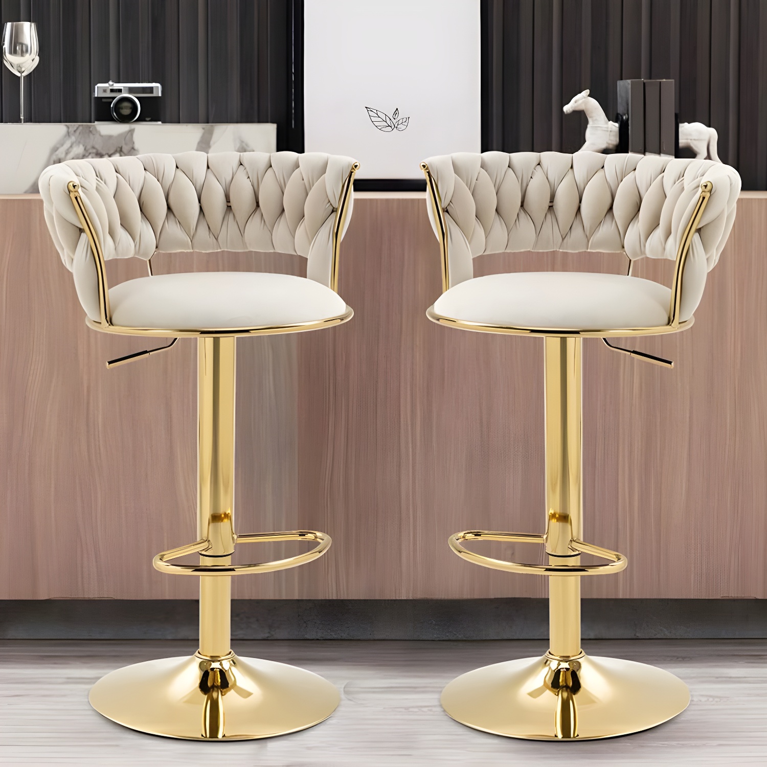 Glamorous Gold Metal Adjustable Height Swivel Bar Stool with Round Fabric Seat