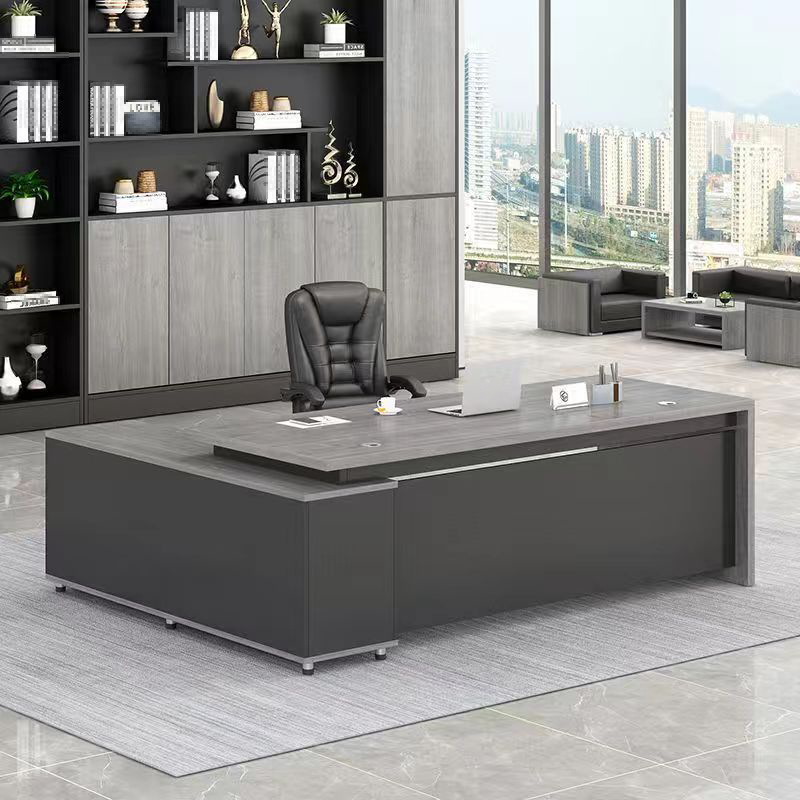 Elegant L-Shape Executive Desk with Wood Top and Cable Management