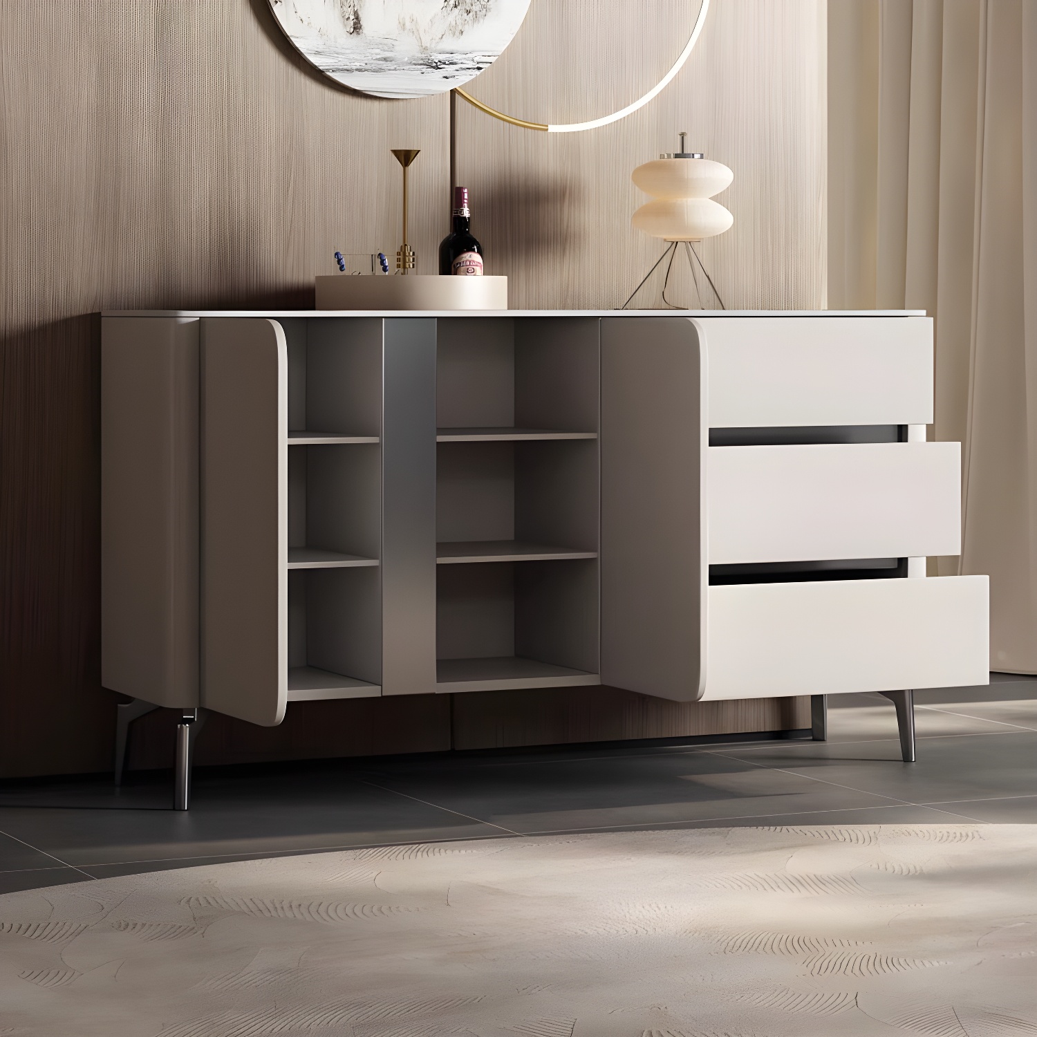 Wood Sideboard Credenza with Stone Countertop, Cabinets, and 3 Drawers