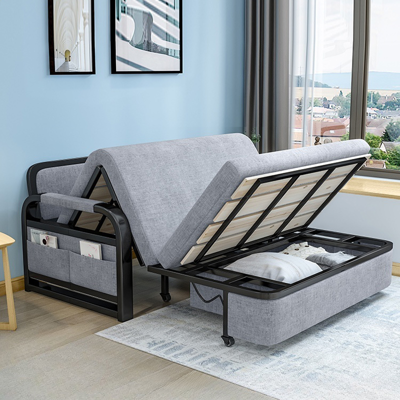 Modern Grey Cotton Blend Sleeper Sofa with Detachable Mattress and Storage, Small Frame Size