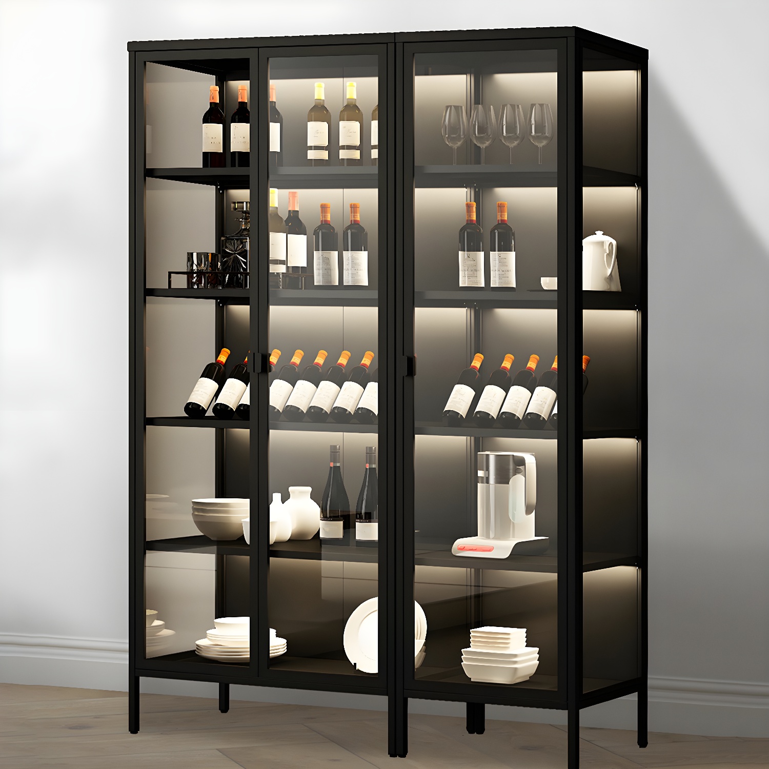 Modern Steel Curio Cabinet with Glass Doors, Adjustable Shelves & Cabinet Included