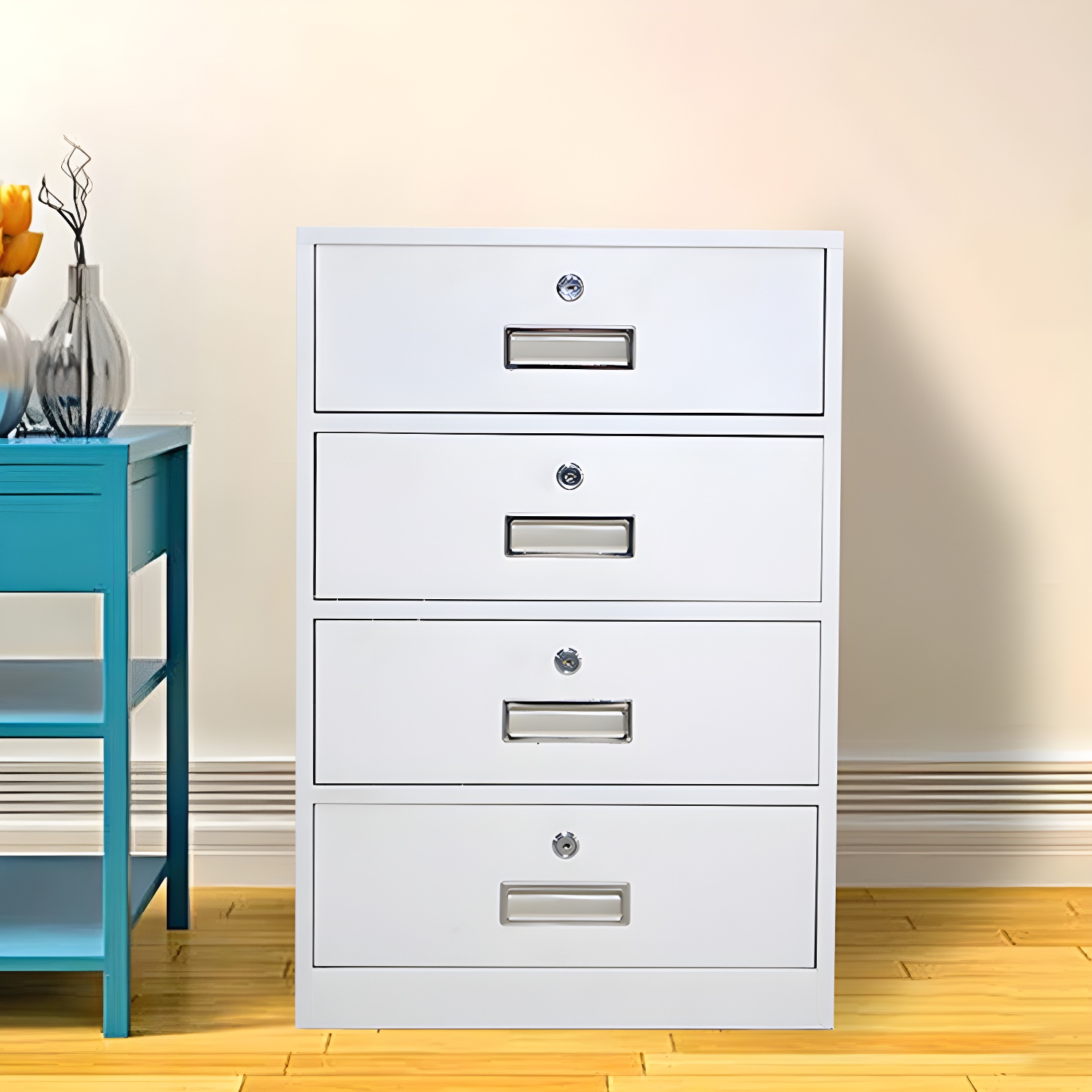 Fireproof Steel Vertical Filing Cabinet with Key Lock & Medium Height, for Office