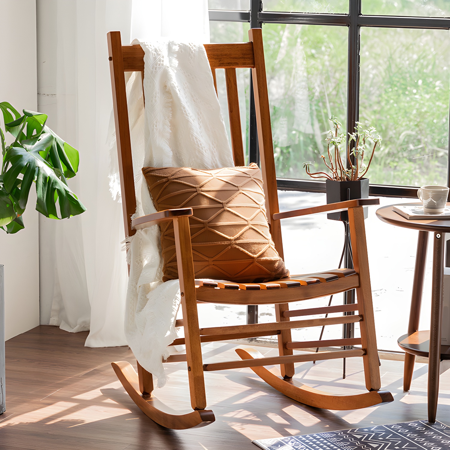 Elegant Traditional Wooden Indoor Rocking Chair with Track Arms and Back Cushion