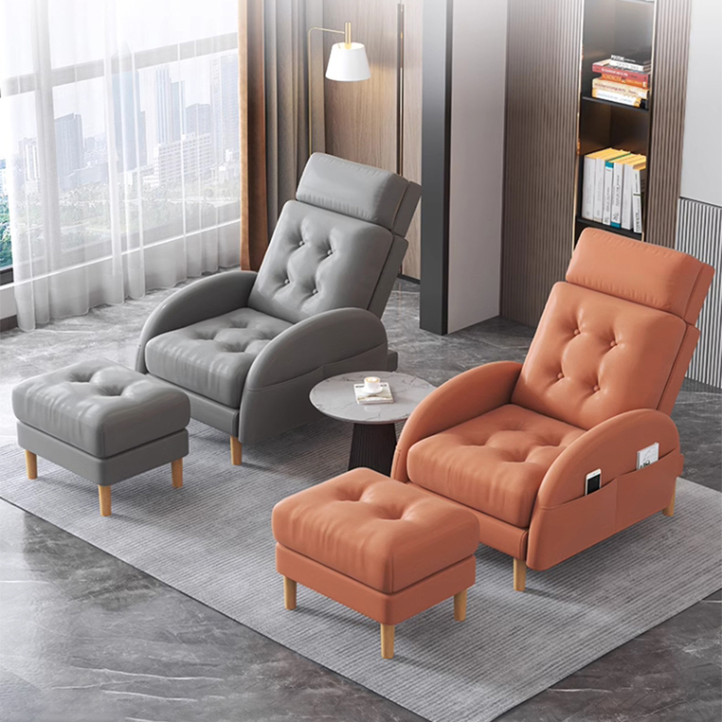 Small Scandinavian Recliner with Ottoman, Featuring Solid Upholstery and Light Wood Frame