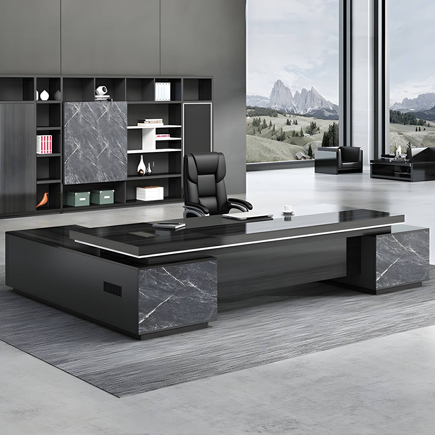 Modern L-Shaped Executive Office Desk with Drawers and Exterior Shelving