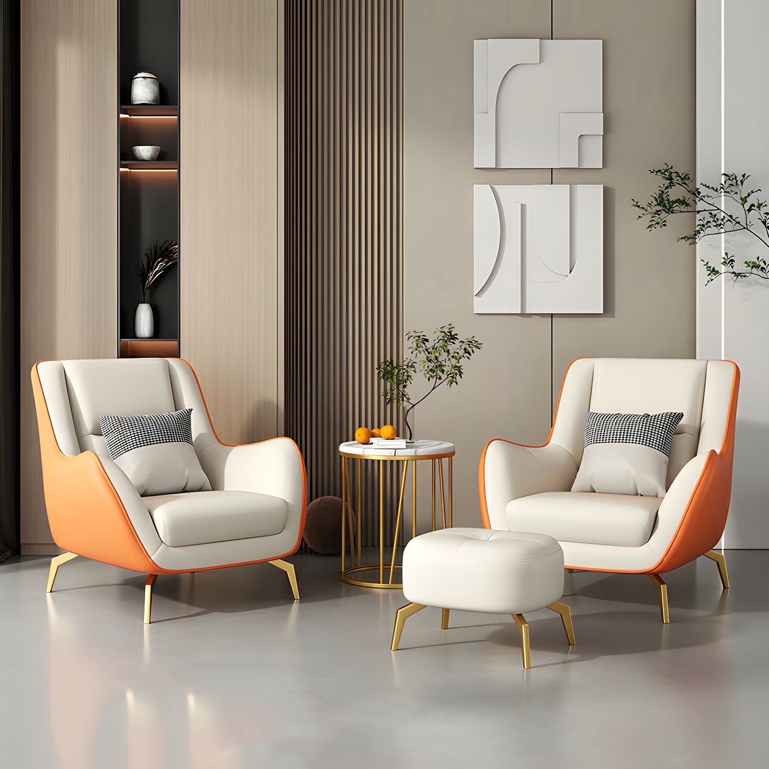 Simplistic Solid Colour Beige/Dove Grey/Apricot Colour Arm Chair with Fixed Back, Arms, Pillow and Metal Legs