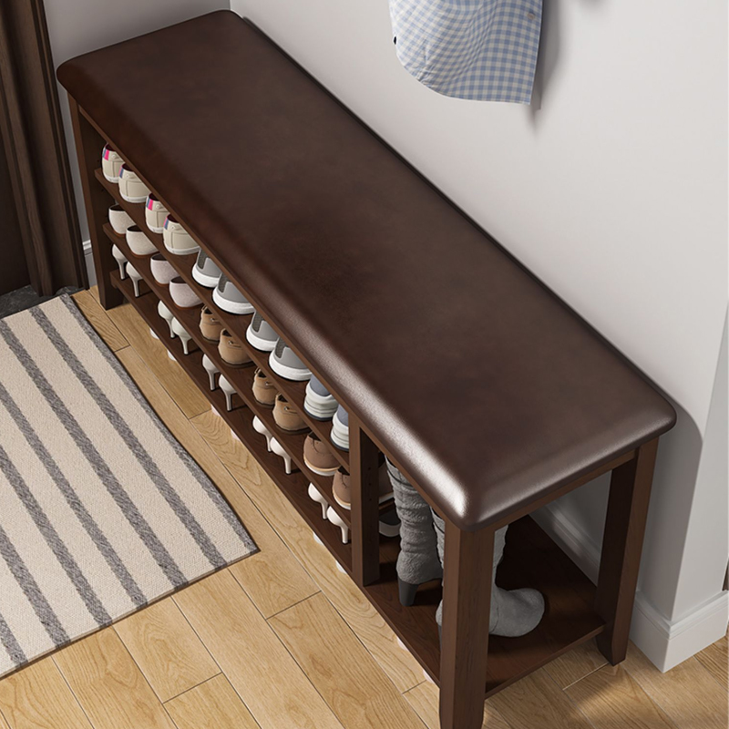 Brown Upholstered Entryway Bench with Shoe Storage and Cushioned Seat for Home